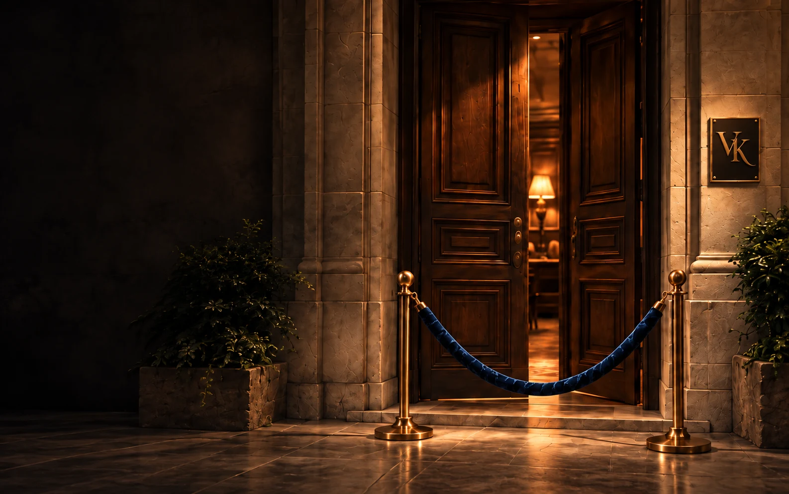 Lamplit double doors in a stone entrance, a navy velvet rope hung between two brass posts, and a brass VK plaque beside the door.